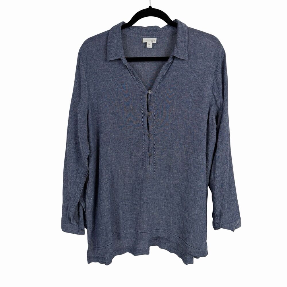 J Jill Women's Roll Tab Sleeve Tunic Large Blue Melange Coastal Gauzy Shirt